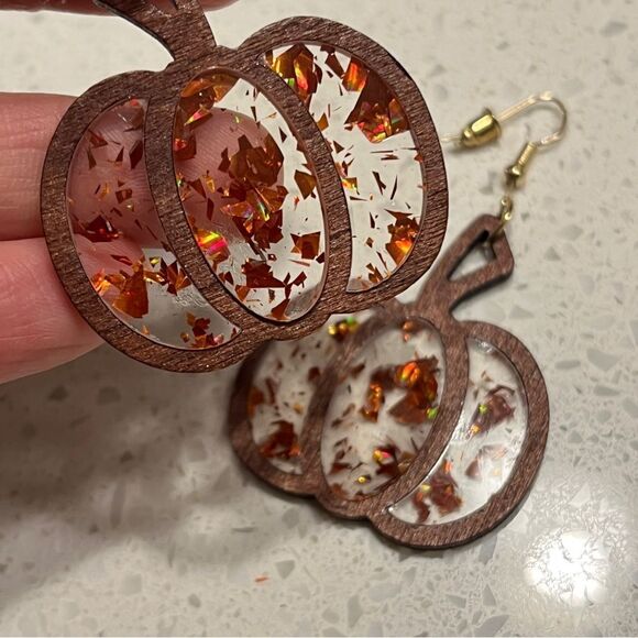 Halloween Thanksgiving Pumpkin Wood Texture Acrylic Glitter Hollow Earrings - Picture 2 of 11